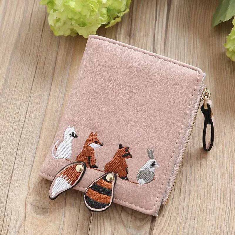 Realaiot High quality Women's Wallet Lovely Cartoon Animals Short Leather Female Small Coin Purse Hasp Zipper Purse Card Holder For Girls