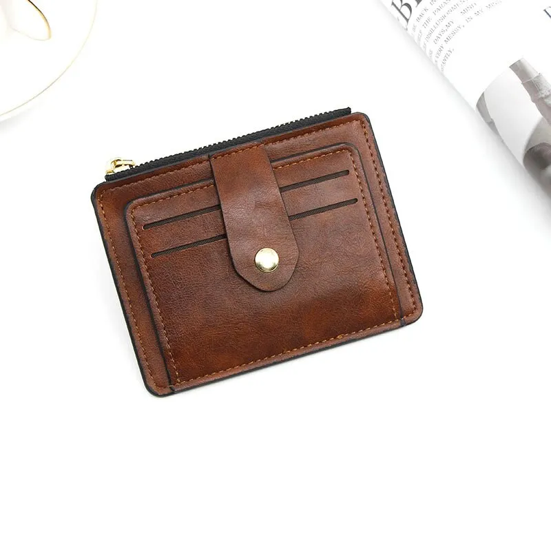 Realaiot Women Leather Slim Card Holder Wallet Men Mini Wallets Zipper Card Money Holders Vintage Short Wallet Female Thin Small Purse