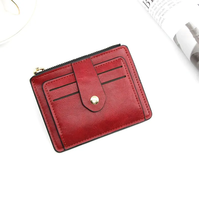 Realaiot Women Leather Slim Card Holder Wallet Men Mini Wallets Zipper Card Money Holders Vintage Short Wallet Female Thin Small Purse