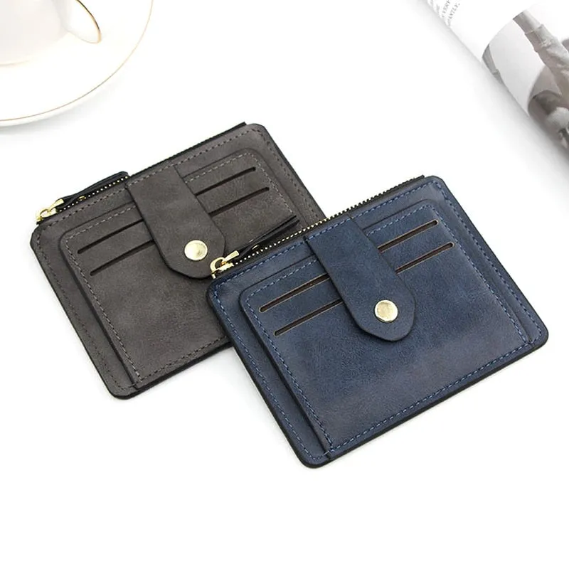 Realaiot Women Leather Slim Card Holder Wallet Men Mini Wallets Zipper Card Money Holders Vintage Short Wallet Female Thin Small Purse