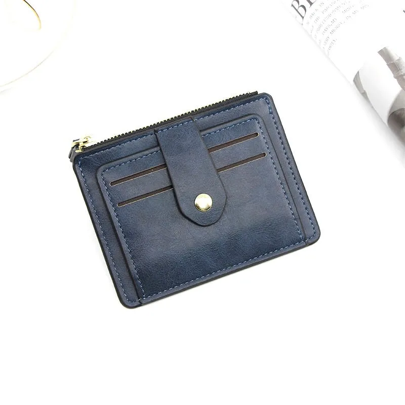 Realaiot Women Leather Slim Card Holder Wallet Men Mini Wallets Zipper Card Money Holders Vintage Short Wallet Female Thin Small Purse