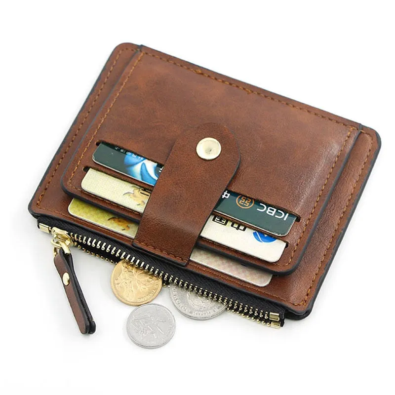Realaiot Women Leather Slim Card Holder Wallet Men Mini Wallets Zipper Card Money Holders Vintage Short Wallet Female Thin Small Purse