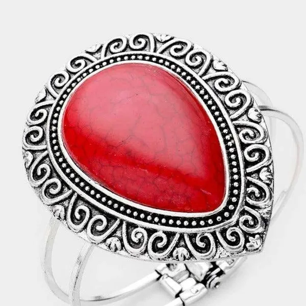 Red Stone Antique Pattern Hinged Bracelet