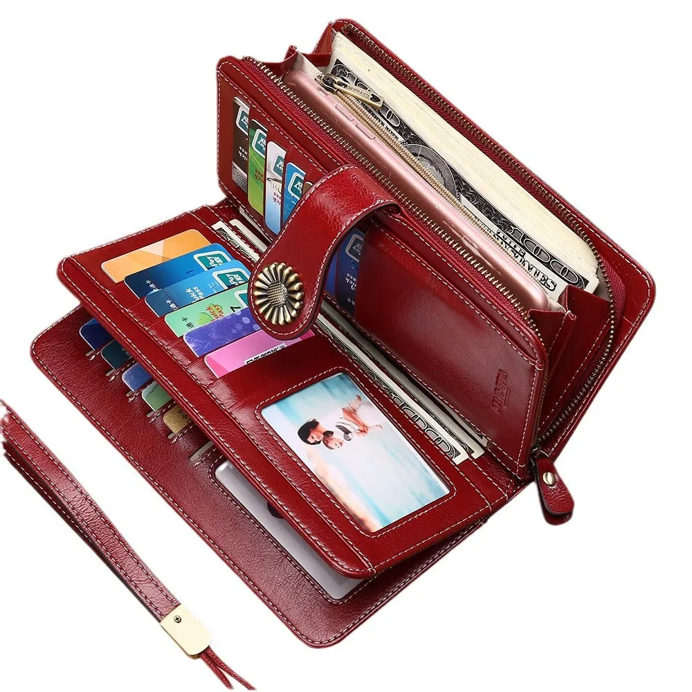RFID Wallet Long Zipper Genuine Leather Ladies Large Capacity Clutch Bag