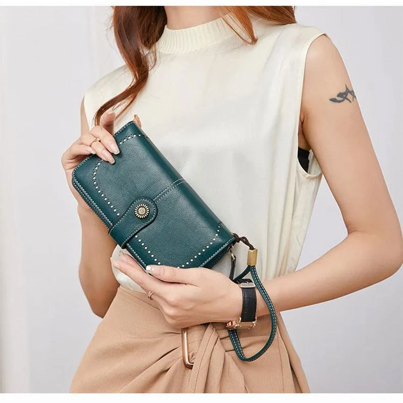 RFID Wallet Long Zipper Genuine Leather Ladies Large Capacity Clutch Bag