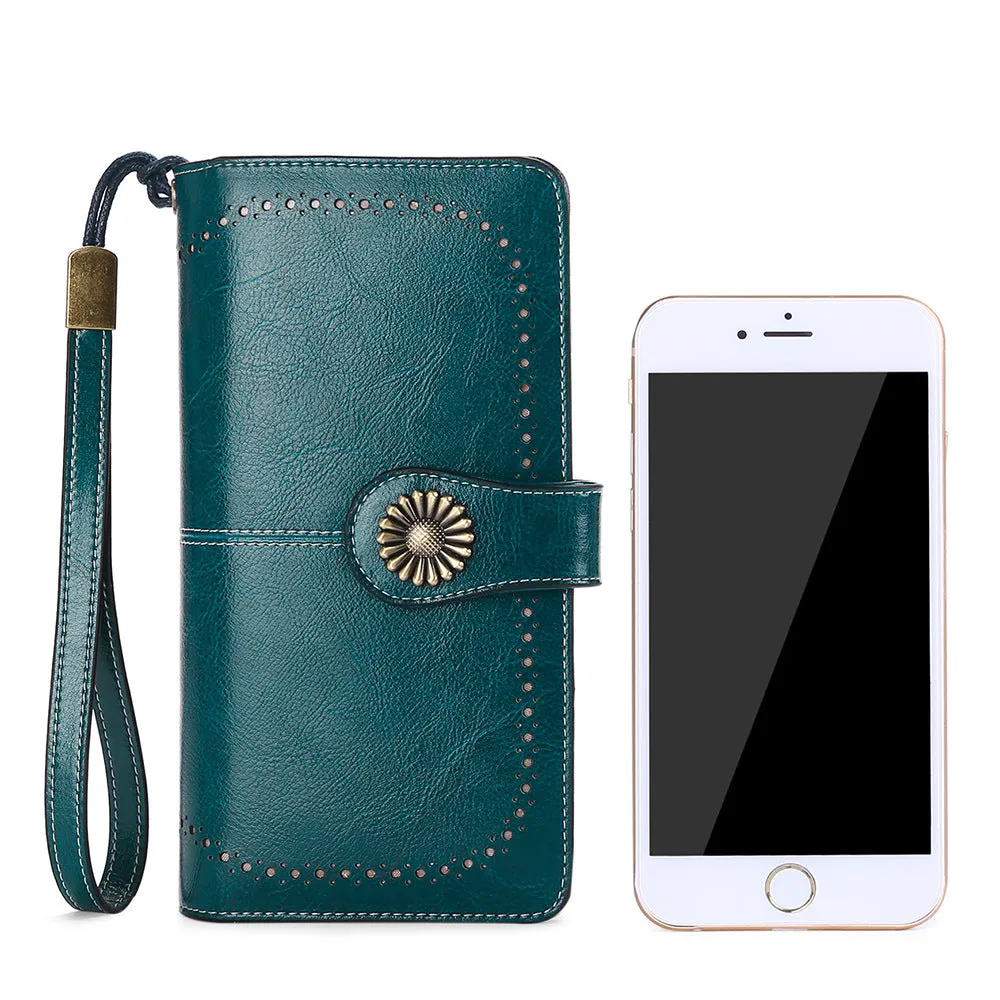 RFID Wallet Long Zipper Genuine Leather Ladies Large Capacity Clutch Bag