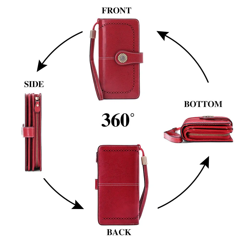 RFID Wallet Long Zipper Genuine Leather Ladies Large Capacity Clutch Bag
