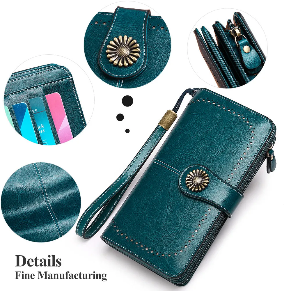 RFID Wallet Long Zipper Genuine Leather Ladies Large Capacity Clutch Bag