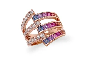 Ring 18kt Gold Wrap Rainbow Square Sapphires & Diamonds