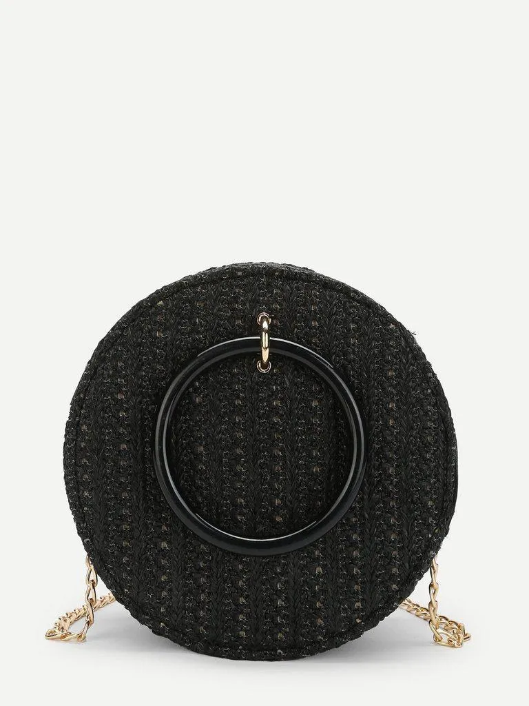 Ring Detail Straw Round Chain Bag
