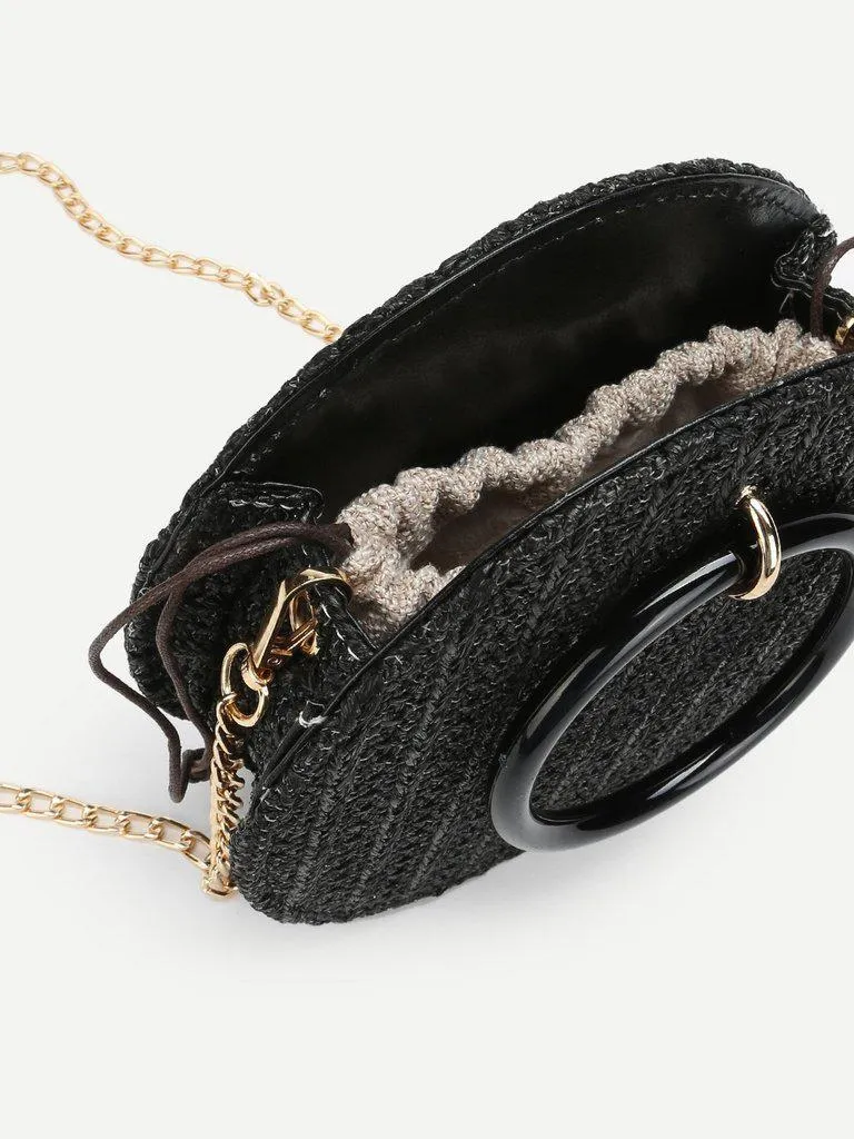 Ring Detail Straw Round Chain Bag
