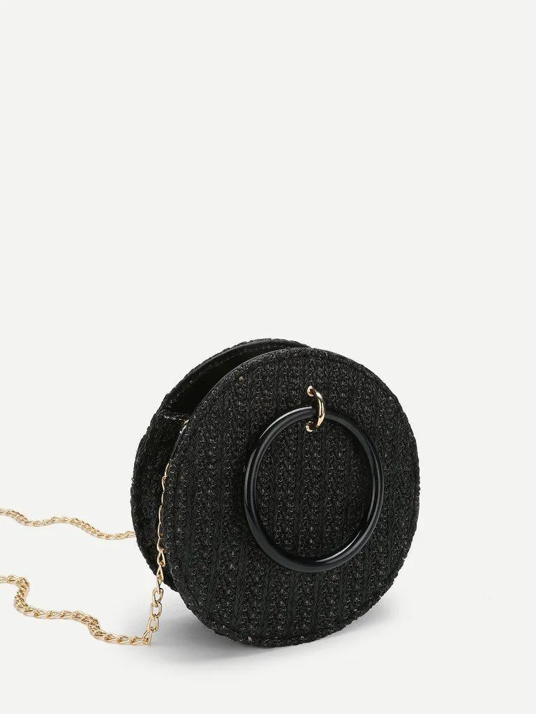 Ring Detail Straw Round Chain Bag