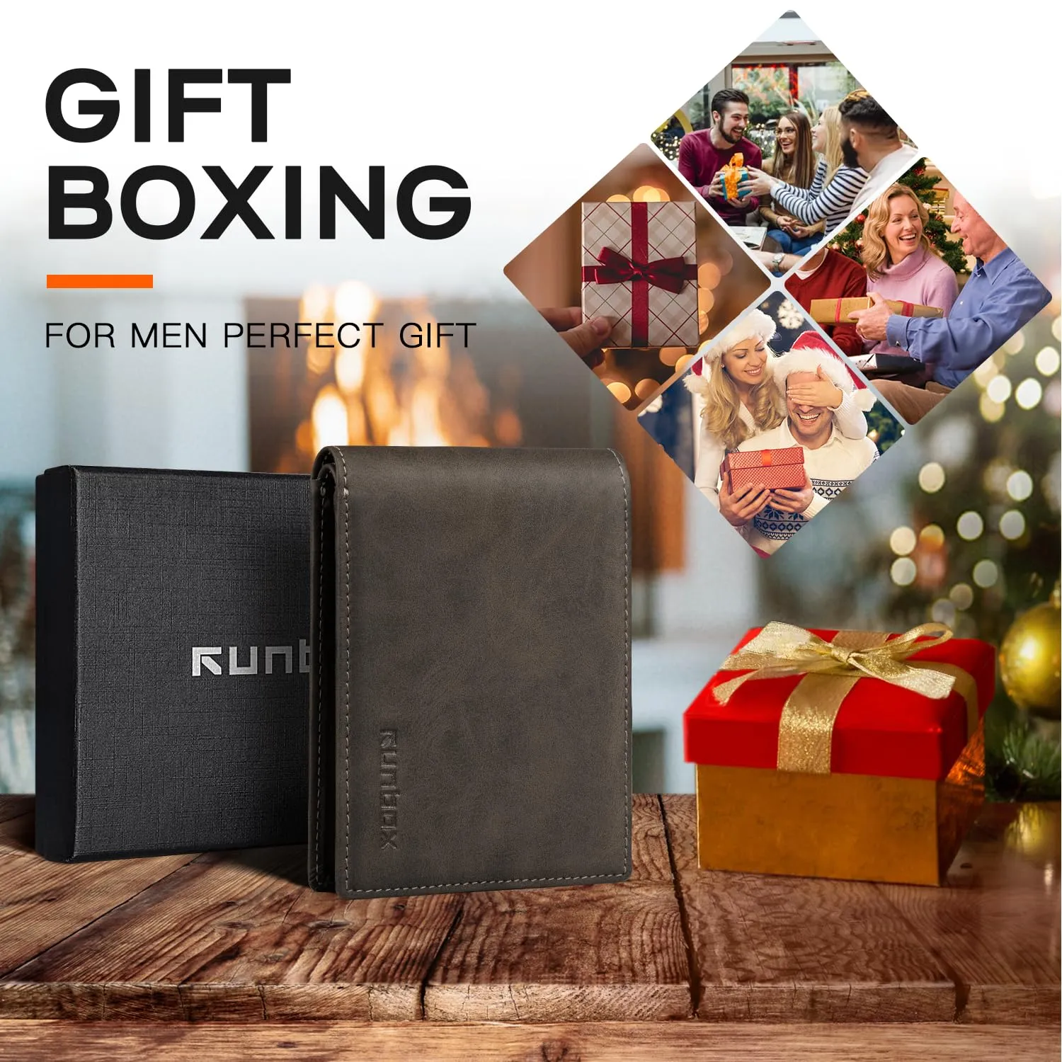 RUNBOX Wallet for Men,Mens Wallet,Slim Leather Bifold,RFID Blocking 8 Slots Gift Box
