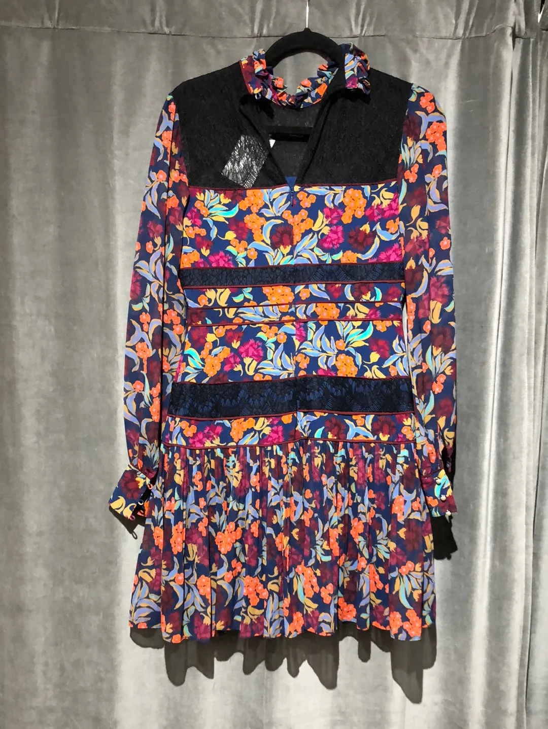 Saloni Long Sleeve Multicolor Short Pleated Bottom Dress