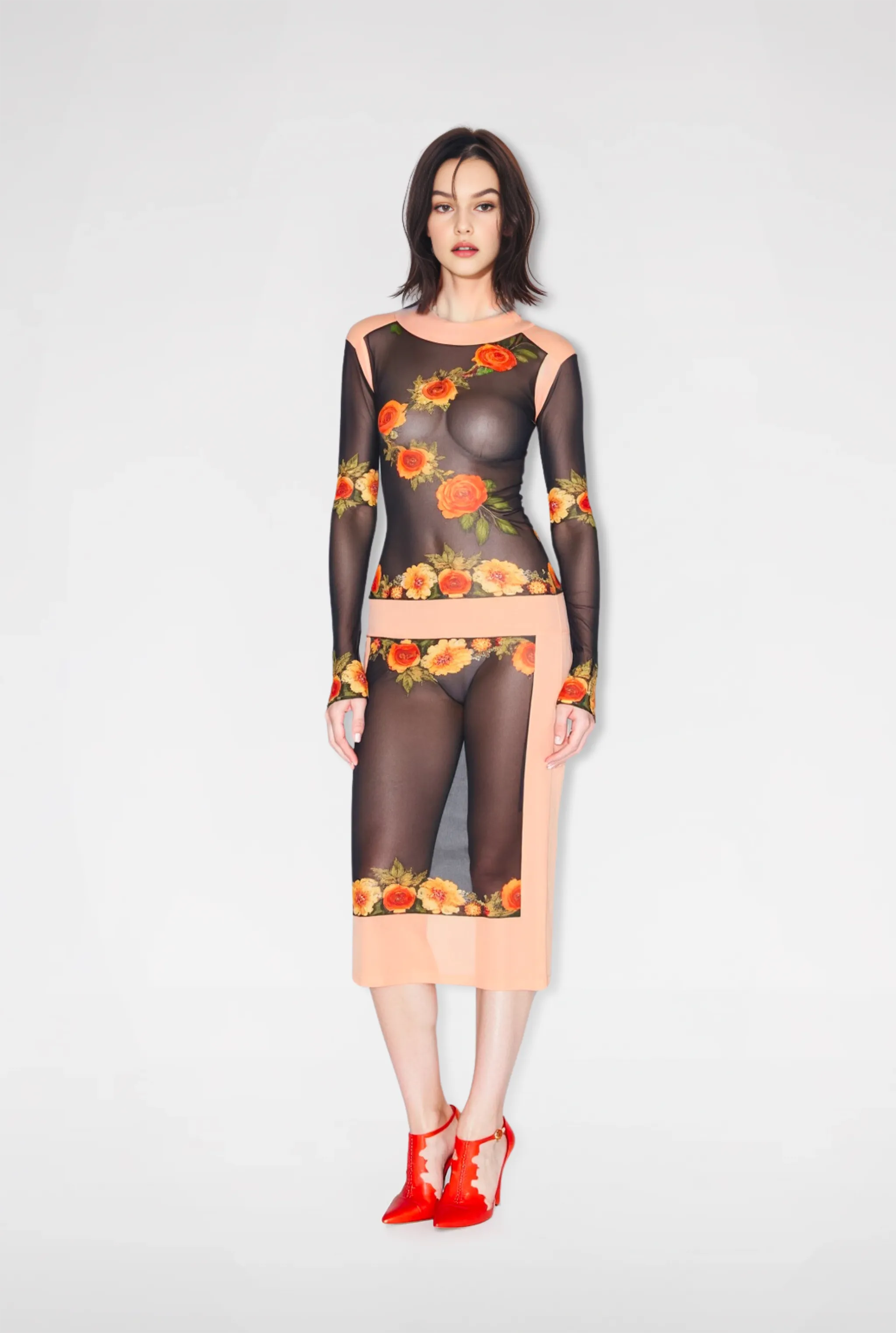 Samantha Bold Floral Sheer Midi Dress - Multicolor