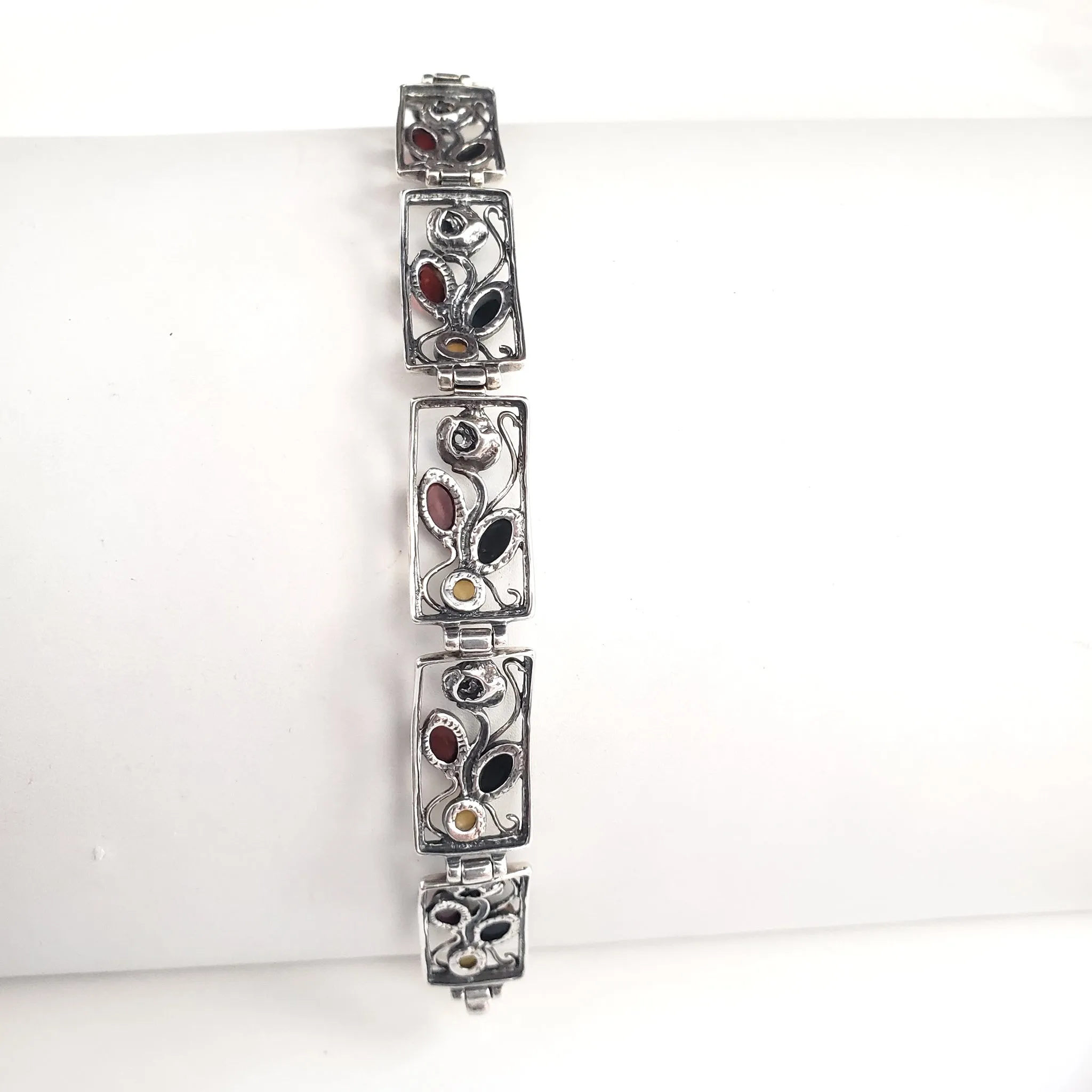 Silver Rose Multicolor Beads Amber Link Bracelet