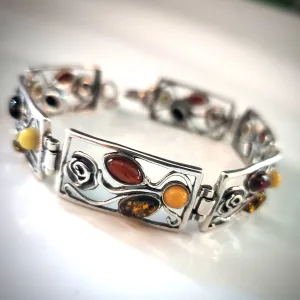 Silver Rose Multicolor Beads Amber Link Bracelet