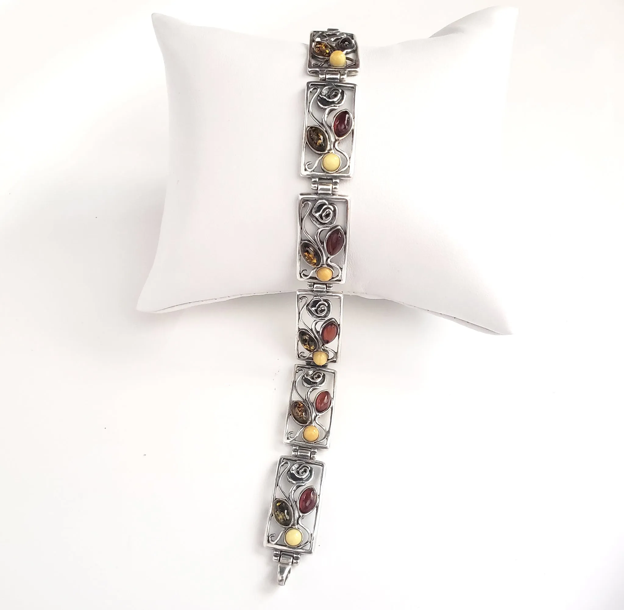 Silver Rose Multicolor Beads Amber Link Bracelet