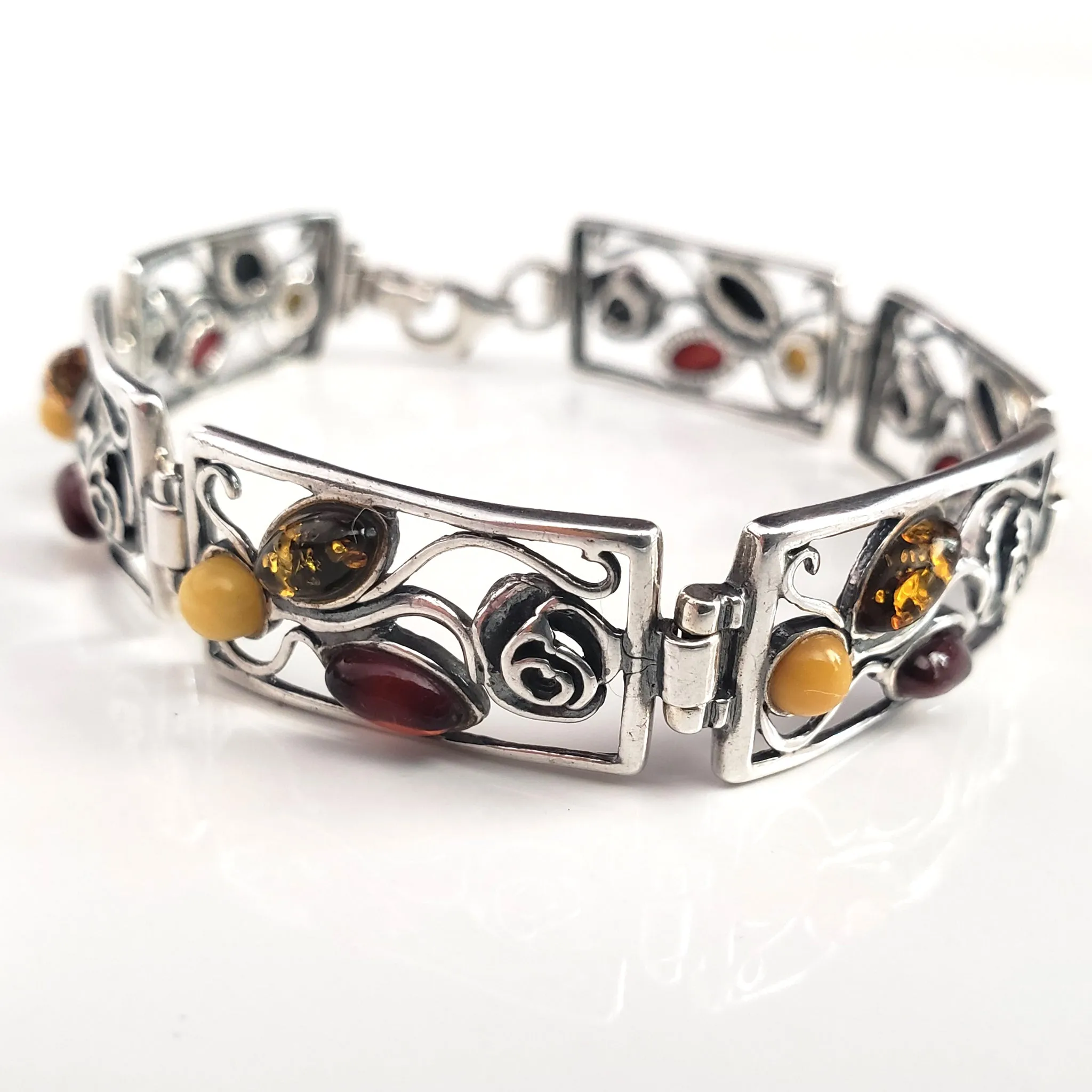 Silver Rose Multicolor Beads Amber Link Bracelet