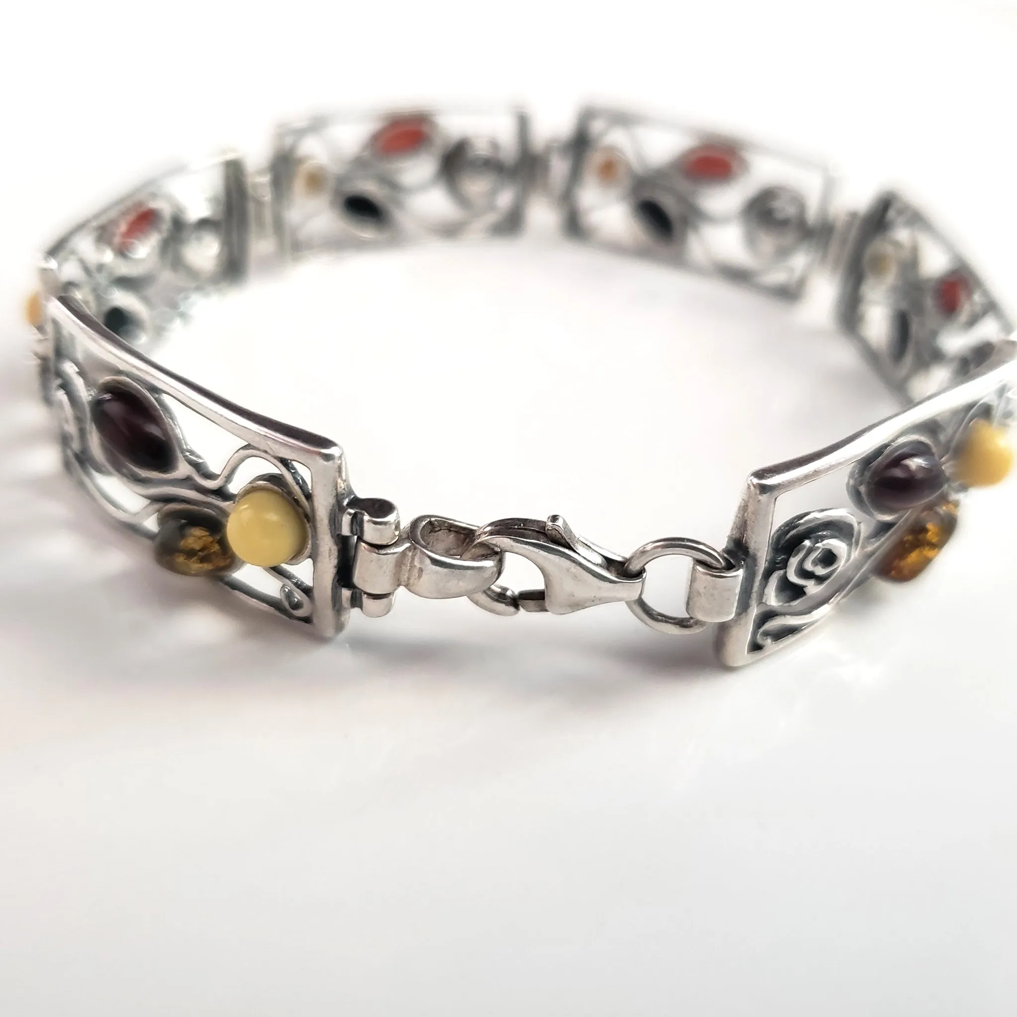 Silver Rose Multicolor Beads Amber Link Bracelet