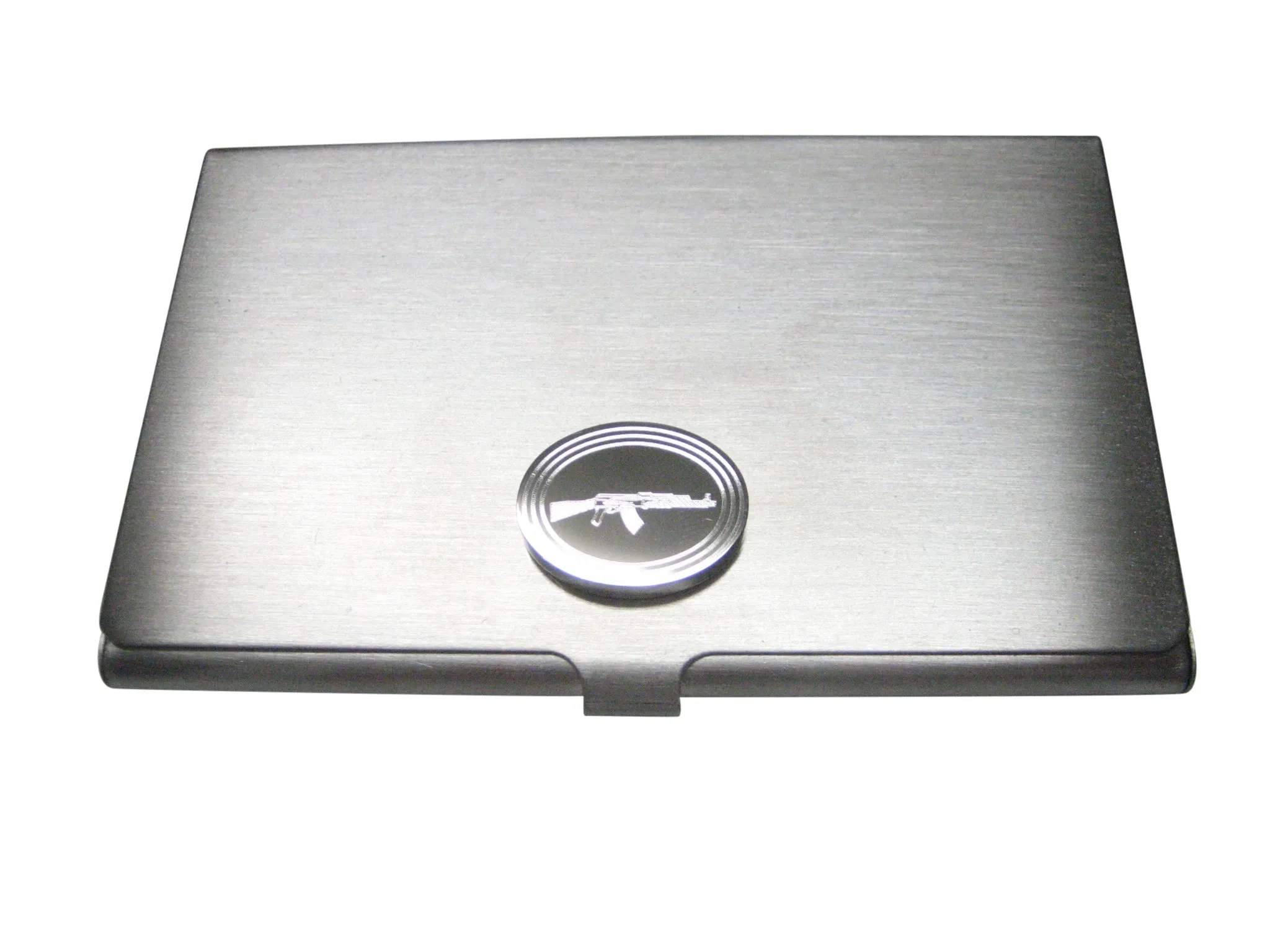 Silver Toned Etched Oval AK47 Rifle Business Card Holder