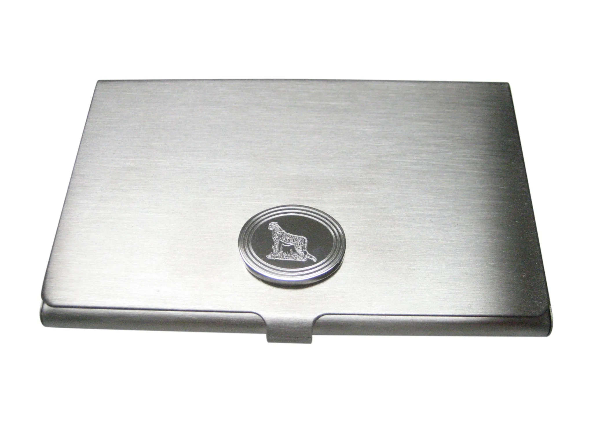 Silver Toned Etched Oval Cheetah Business Card Holder