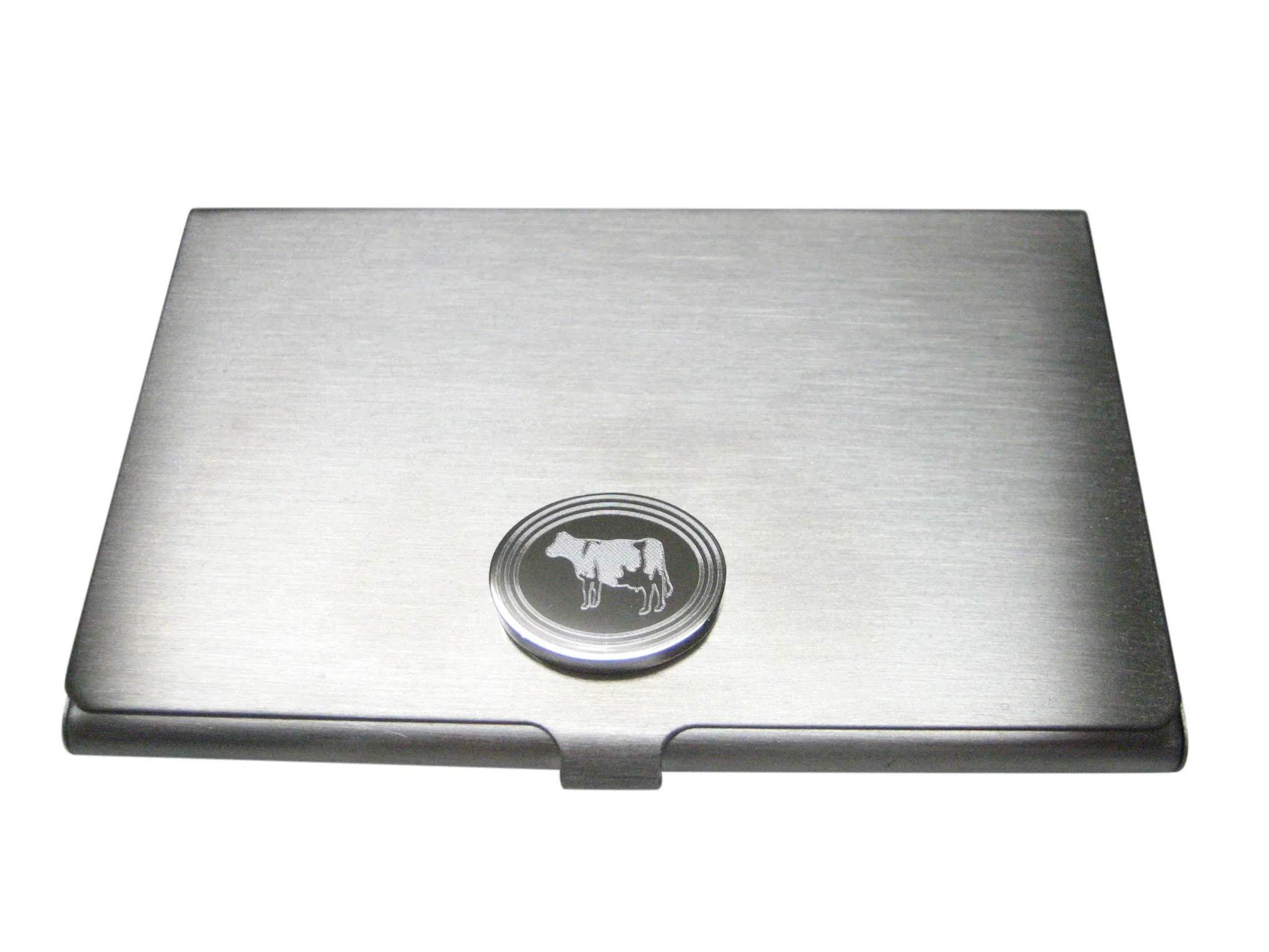 Silver Toned Etched Oval Cow Business Card Holder