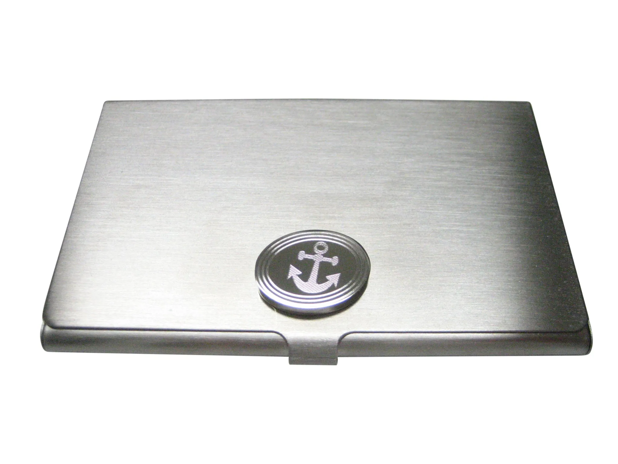 Silver Toned Etched Oval Leaning Nautical Anchor Business Card Holder