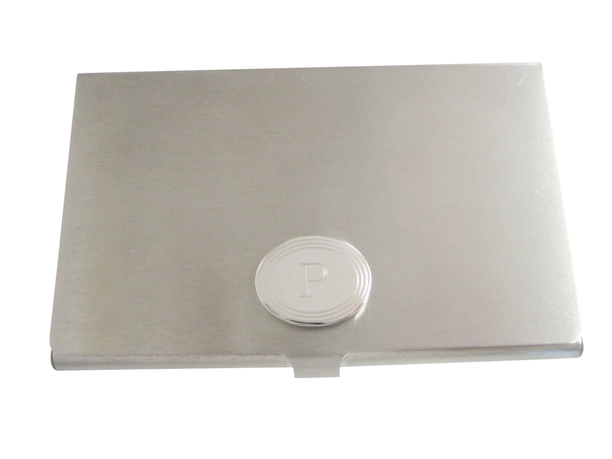 Silver Toned Etched Oval Letter P Monogram Business Card Holder