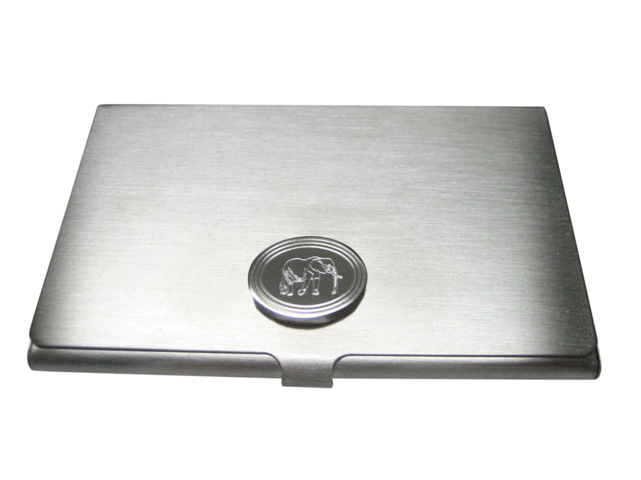 Silver Toned Etched Oval Right Facing Elephant Business Card Holder