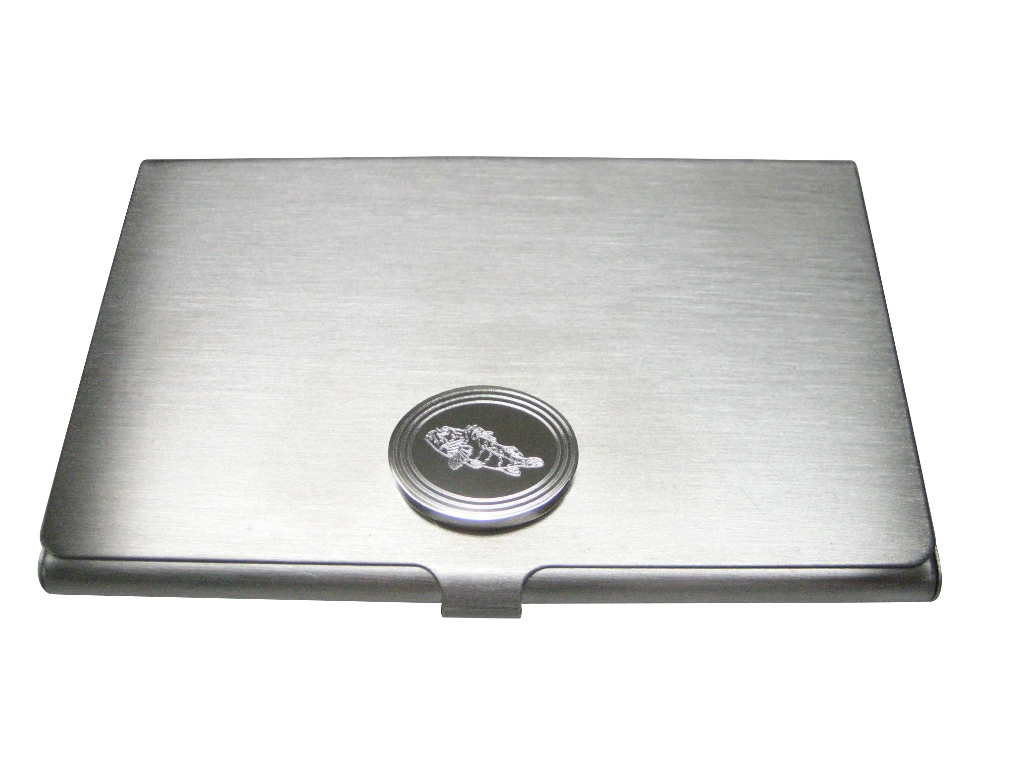 Silver Toned Etched Oval Rock Cod Fish Business Card Holder