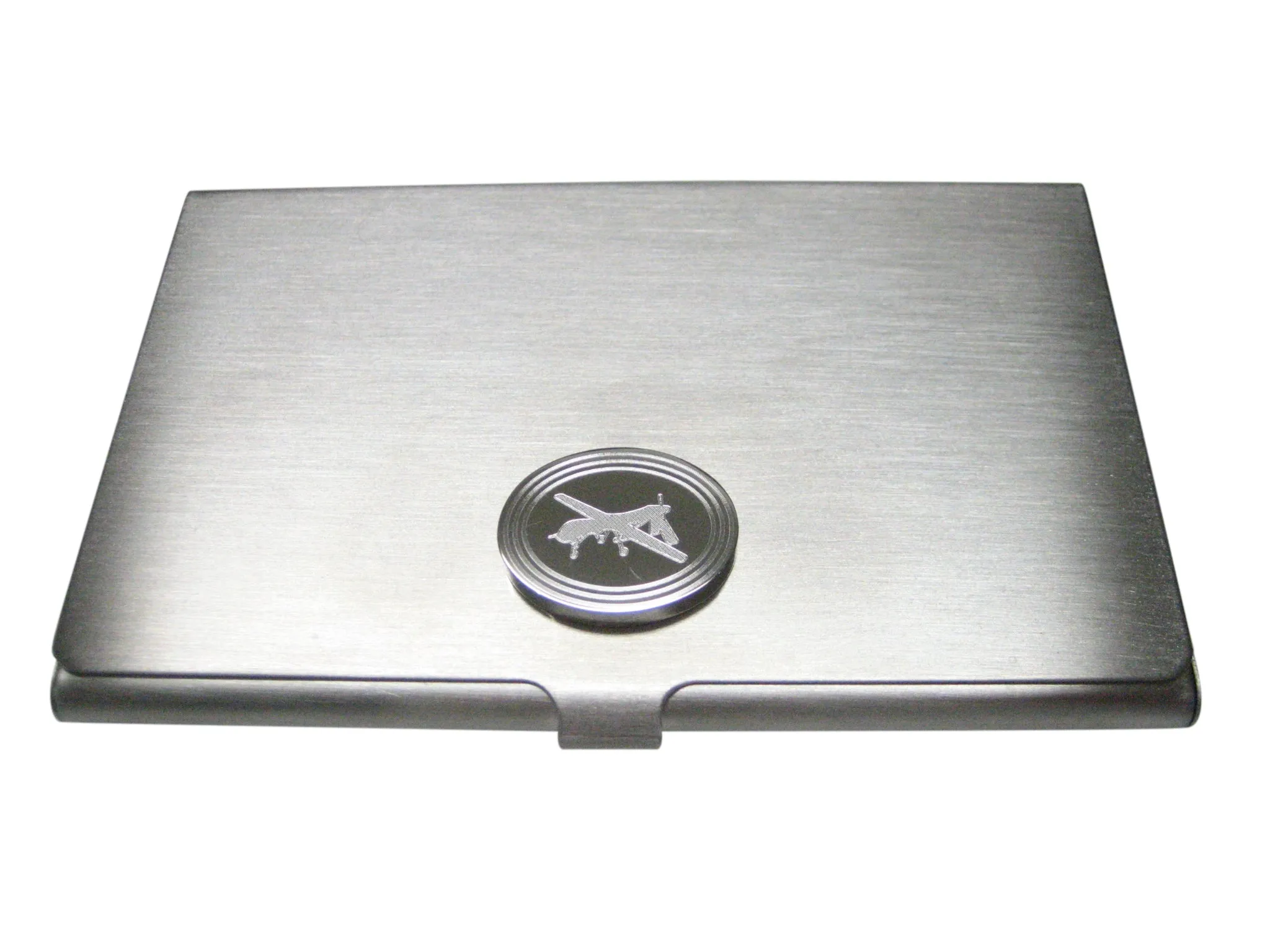 Silver Toned Etched Oval Unmanned Aerial Vehicle UAV Drone Business Card Holder