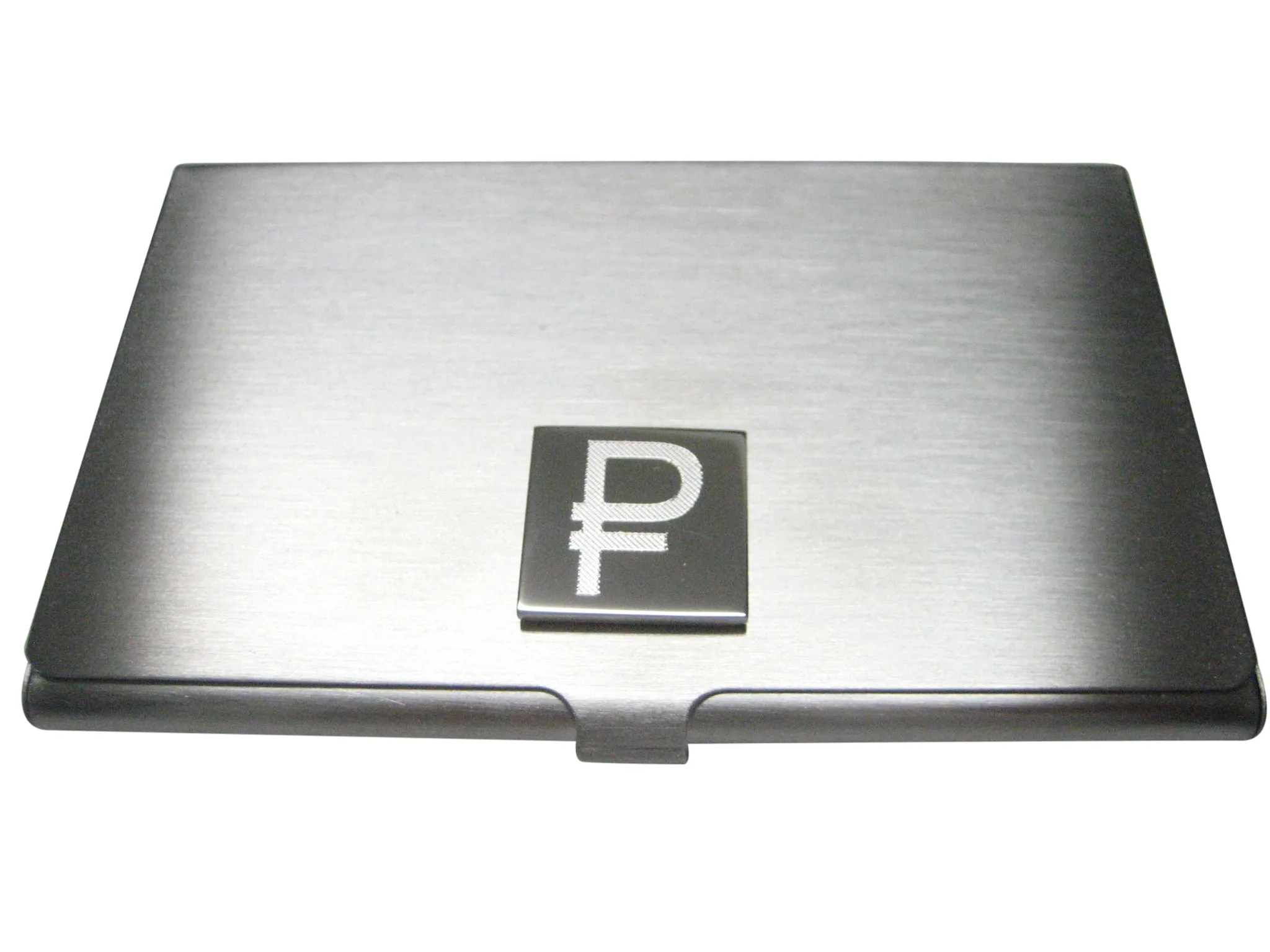 Silver Toned Etched Russian Ruble Currency Sign Pendant Business Card Holder