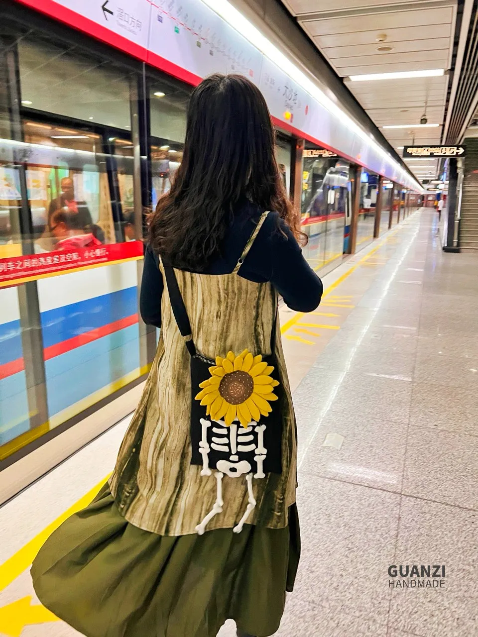 Skeleton & Sunflowers - Original Handmade DIY Embroidered Fabric Bag