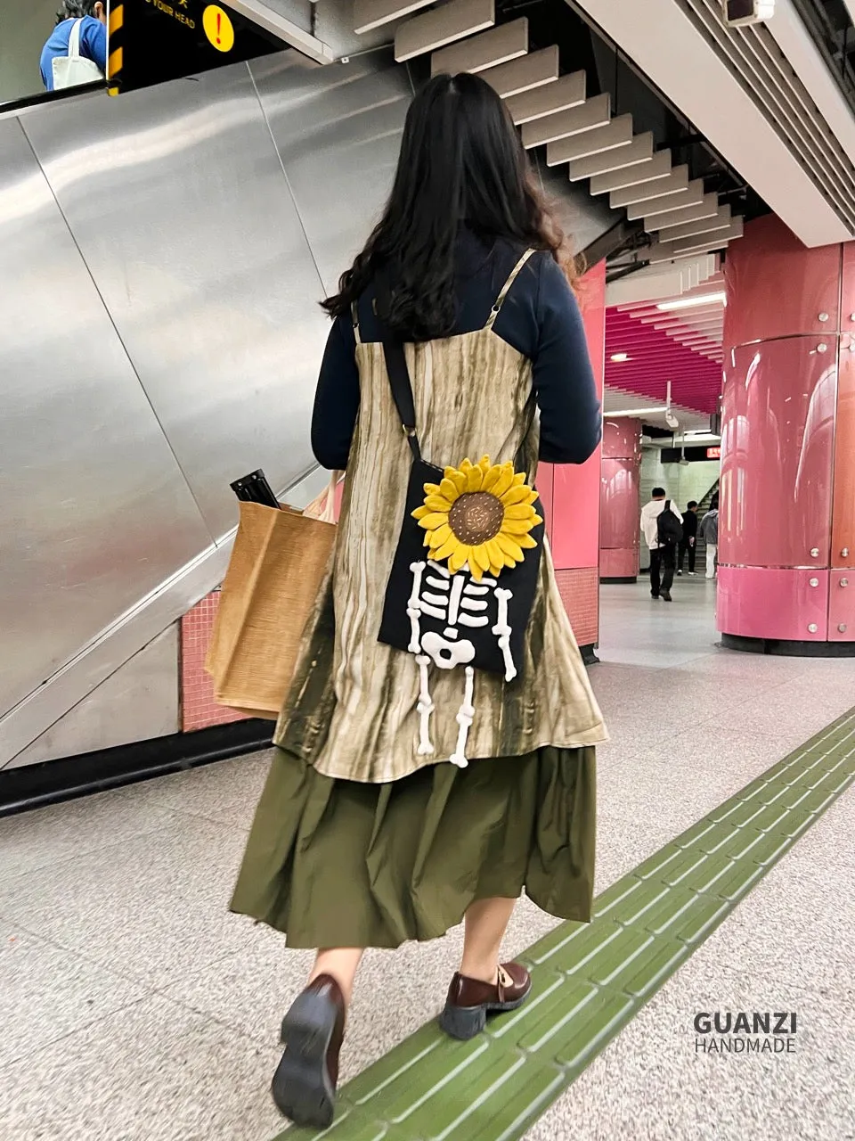Skeleton & Sunflowers - Original Handmade DIY Embroidered Fabric Bag