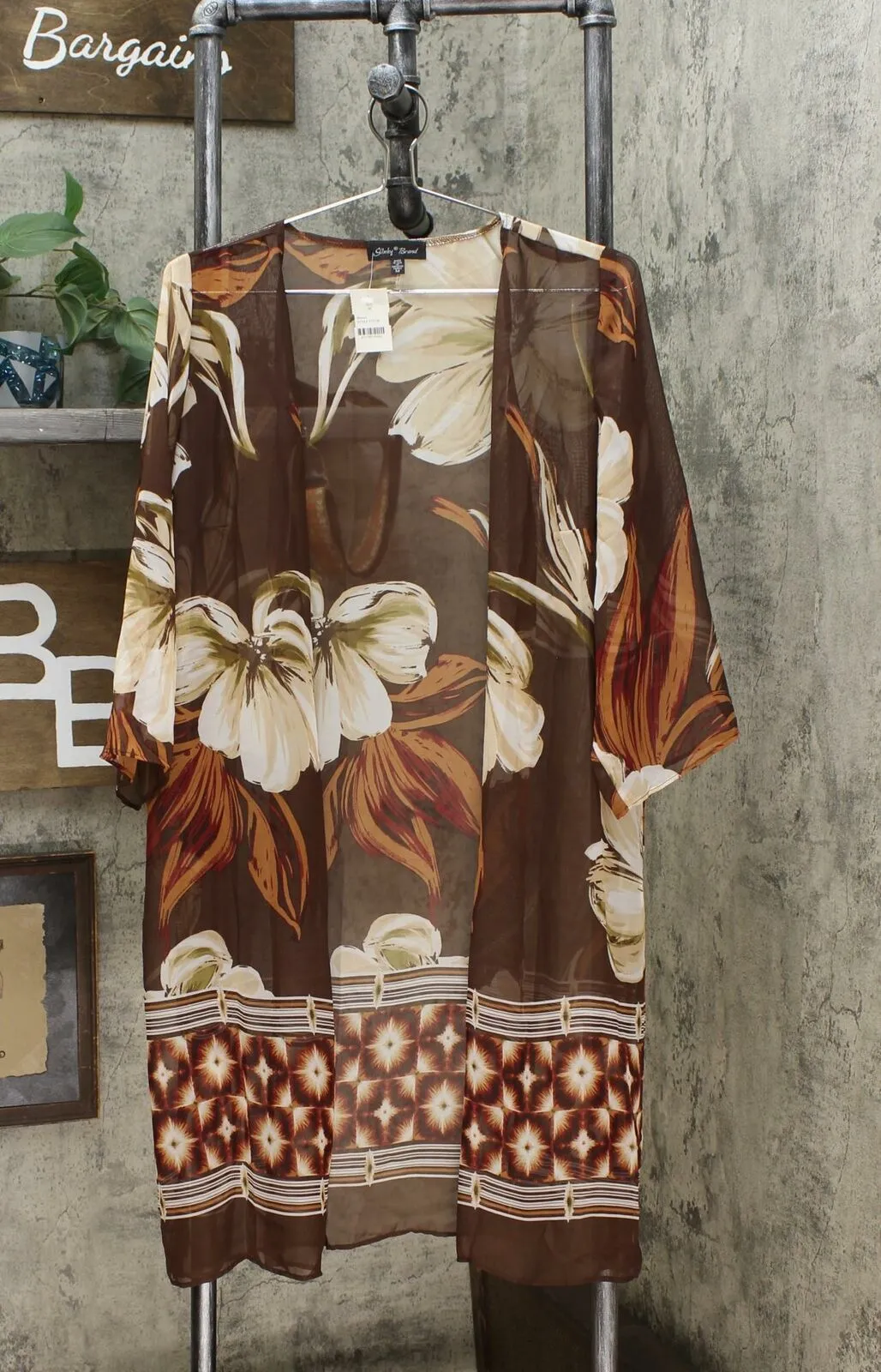 Slinky Brand Women's 3/4 Sleeve Border Print Chiffon Duster