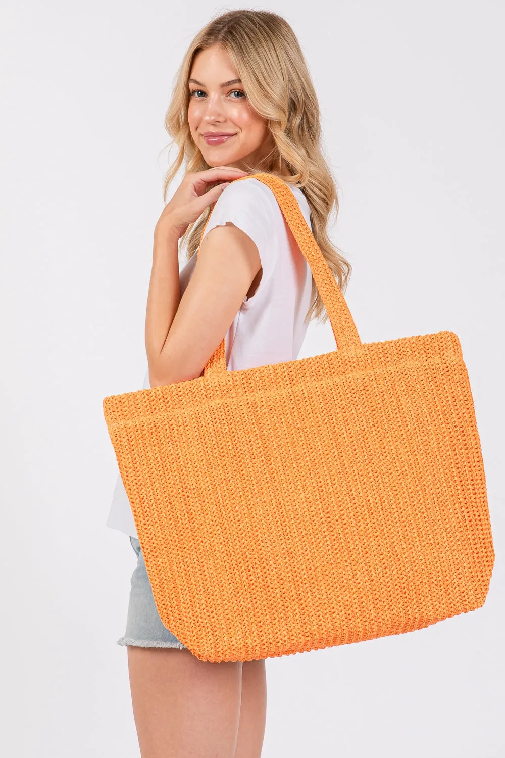 Solid Crochet Straw Bag Zipper Closure and Inner Pocket Orange - Pack of 6