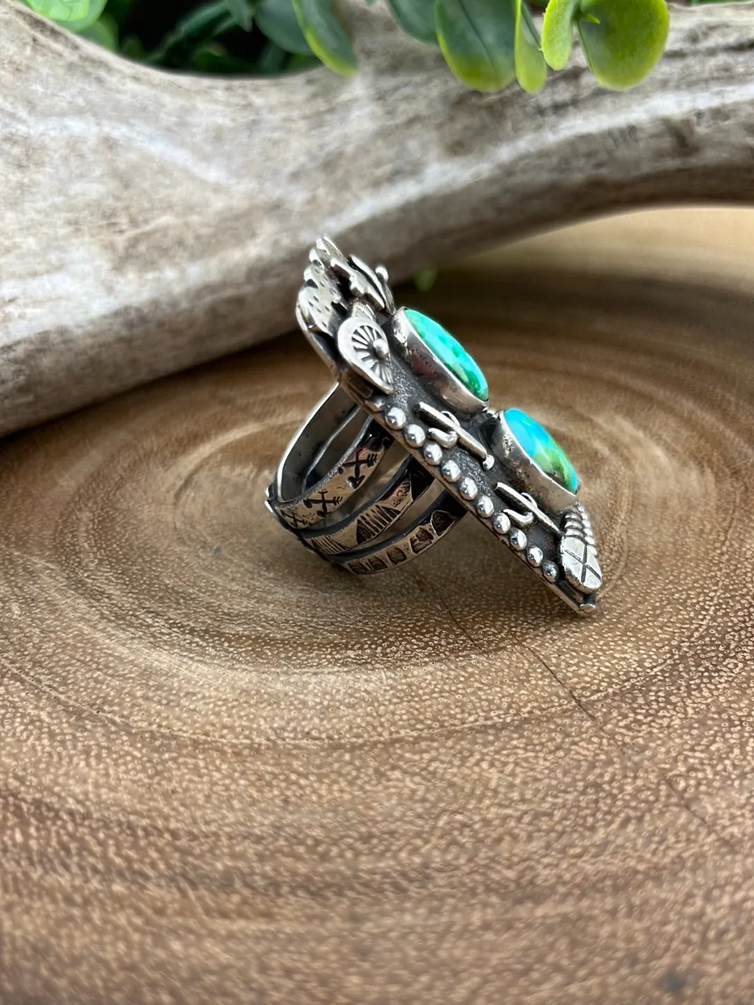 Sonoran Gold Turquoise  & Cactus Shield Ring - Size 9