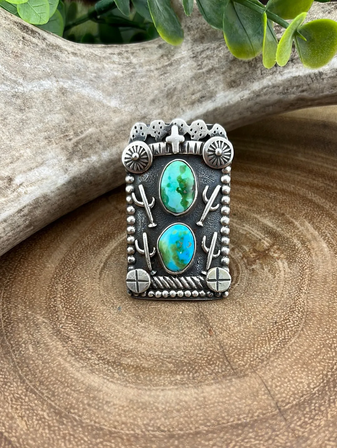Sonoran Gold Turquoise  & Cactus Shield Ring - Size 9