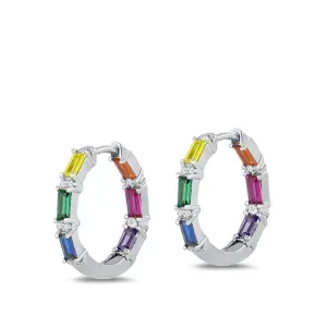 Sterling Silver Beautiful Multicolor CZ Rainbow Pride Hoop Earrings 925 New
