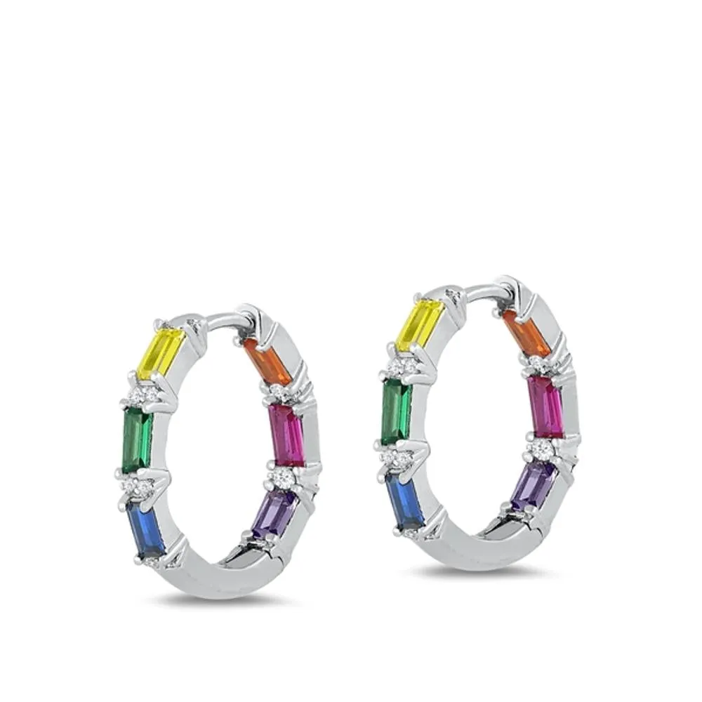 Sterling Silver Beautiful Multicolor CZ Rainbow Pride Hoop Earrings 925 New