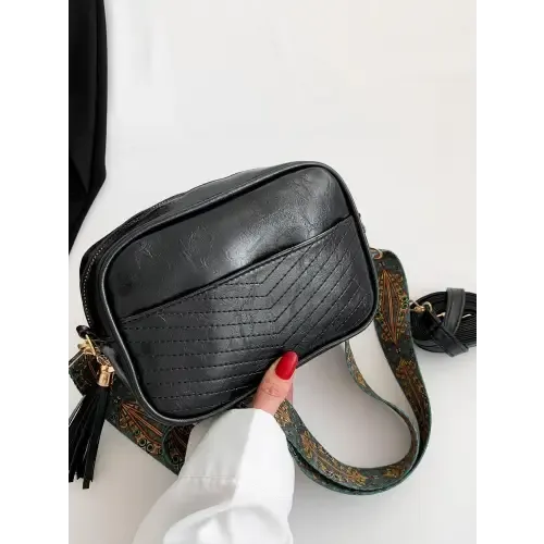 Stylish Brown Leather Crossbody Bag with Trendy Printed Strap Cassette