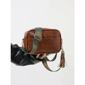 Stylish Brown Leather Crossbody Bag with Trendy Printed Strap Cassette