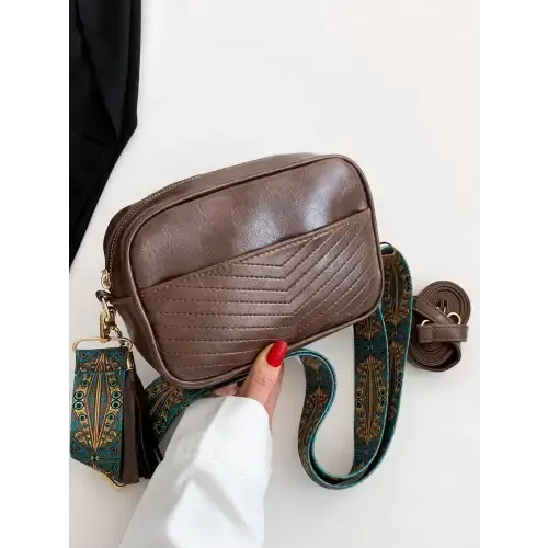 Stylish Brown Leather Crossbody Bag with Trendy Printed Strap Cassette