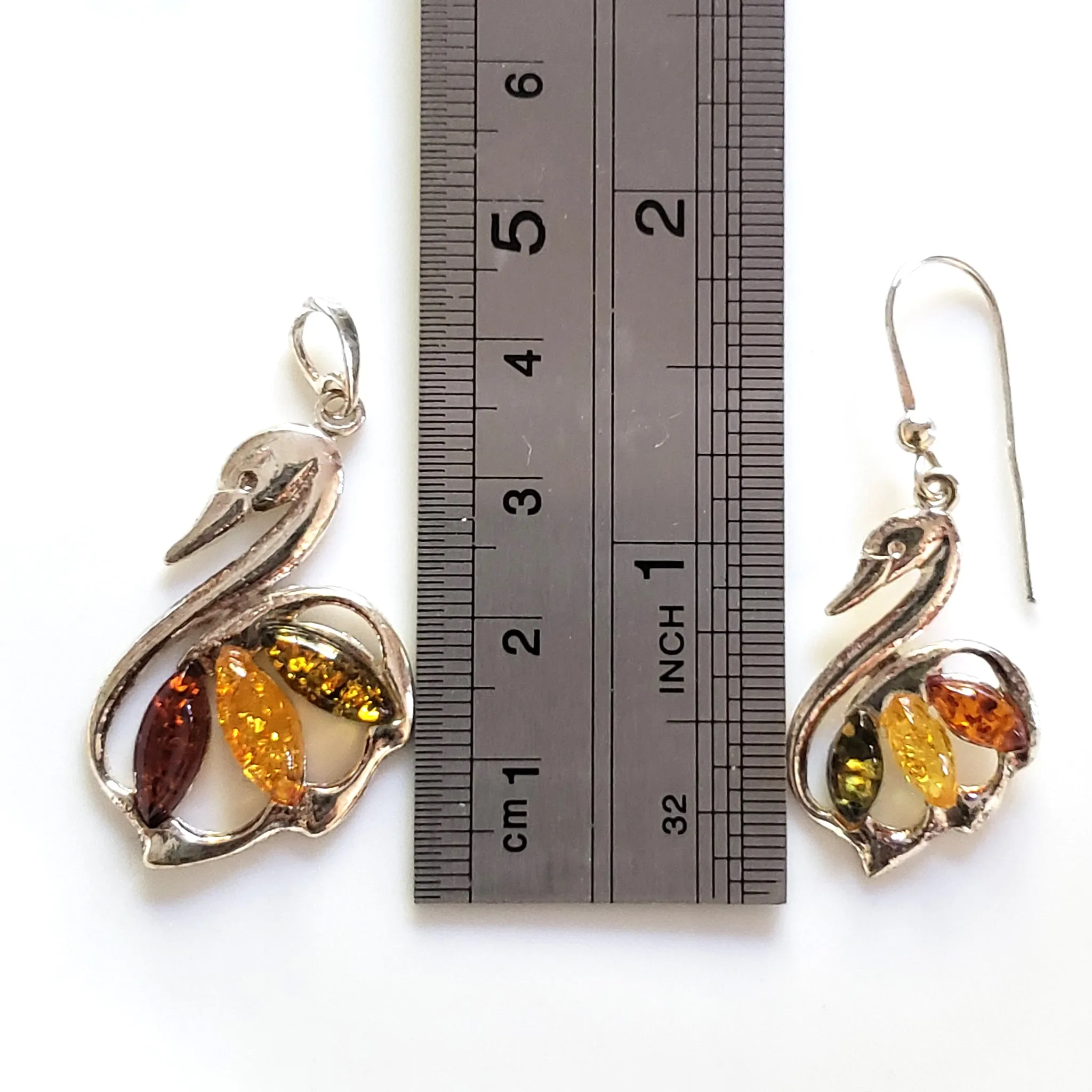 Swan sterling Silver with Amber Earrings Pendant Jewelry Set