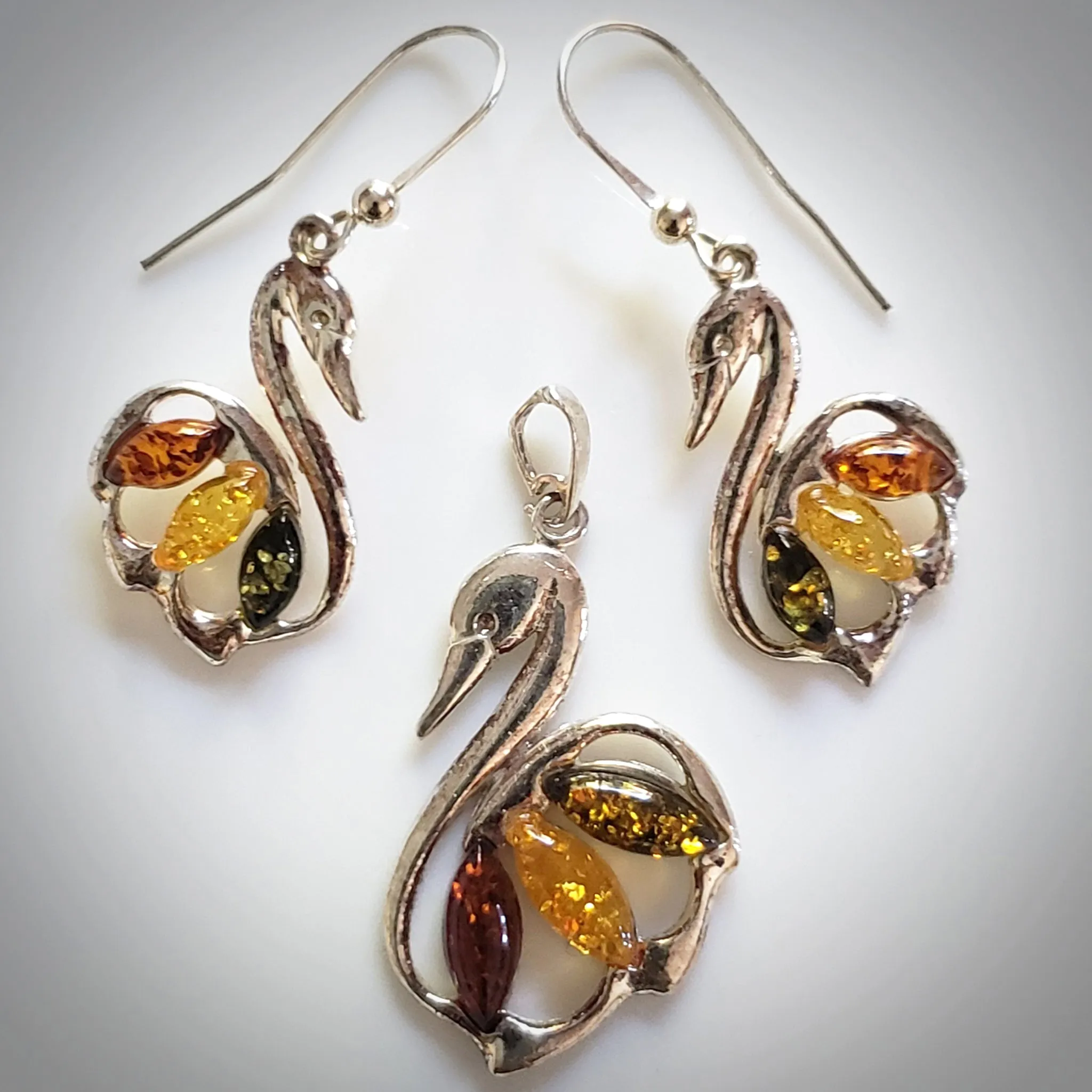 Swan sterling Silver with Amber Earrings Pendant Jewelry Set