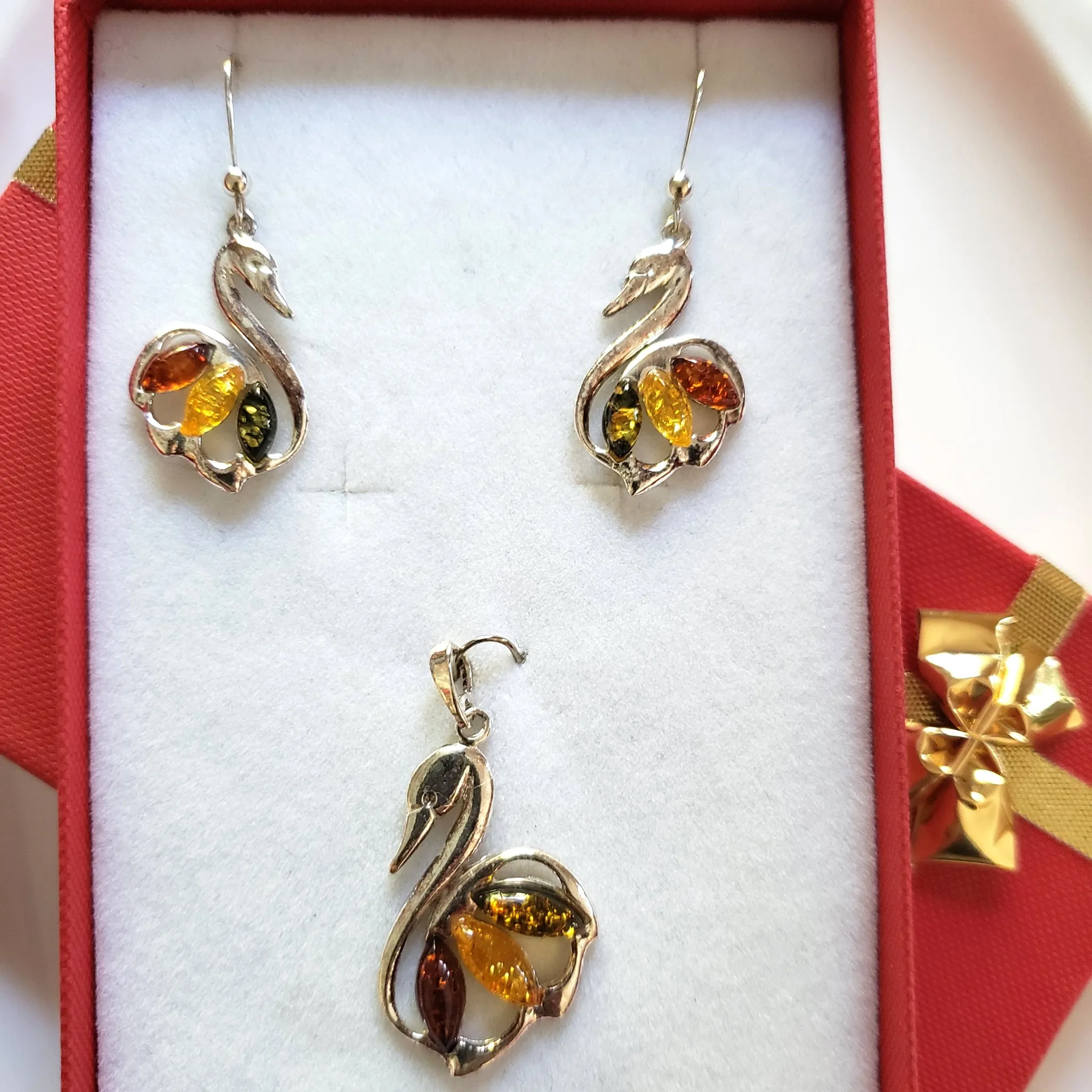 Swan sterling Silver with Amber Earrings Pendant Jewelry Set
