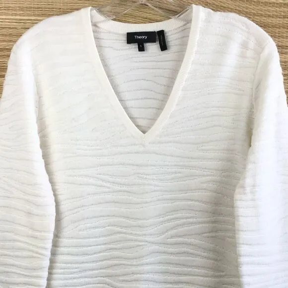 Theory V Neck Pullover Sweater Plush Zebra Wool Blend In Ivory Size S