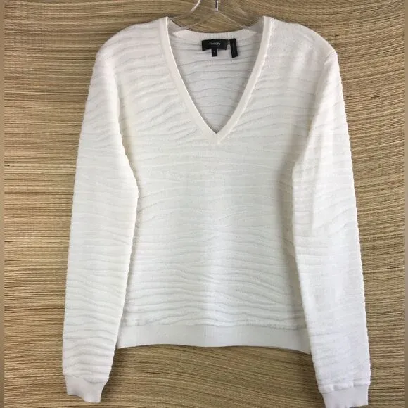 Theory V Neck Pullover Sweater Plush Zebra Wool Blend In Ivory Size S