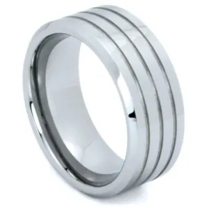 Tungsten Ring 9MM Multiple Grooves and Mirror Finish Wedding Band Sizes 5 - 15   Half Sizes
